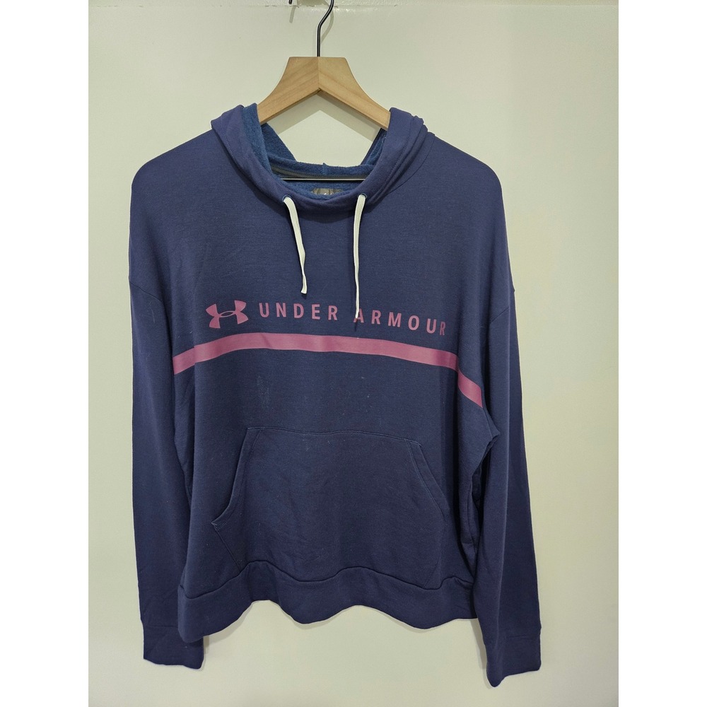 Under Armour Womens Navy Blue Pink Logo Fleece Pullover Hoodie XL 1311516